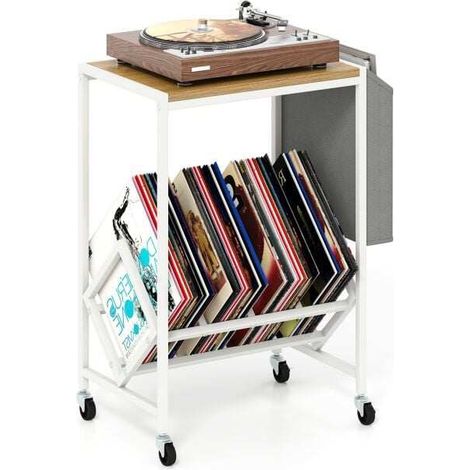 Meuble vinyles naturel en métal avec plateau pour platine, rangement incliné (1/5)