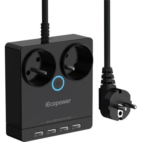 Power Strip Protection Contre Les Surtensions multiprise 2 Voies 2300 W/10 A Intelligente 3,4 A Répartiteur D'Alimentation 1,5 M Câble Noir (1/5)