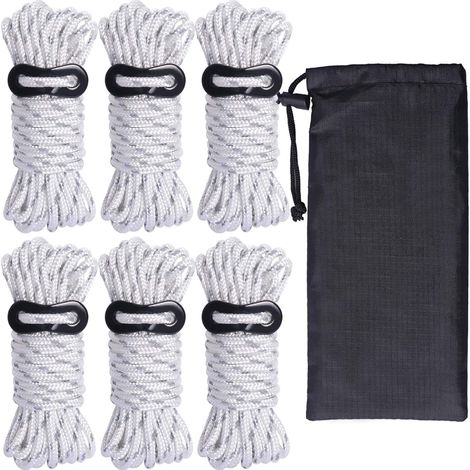 Lot de 6 Cordes de haubanage, 5 mm, réfléchissantes, avec réglage en Aluminium, 4m, pour bâches de Tente, Emballage extérieur (Blanc) (1/5)