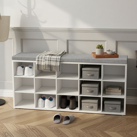 Banc à Chaussures, Banc de Rangement avec Siège Rembourré, 15 Compartiments, Étagères Réglables, pour Salon, Couloir, Blanc (1/5)