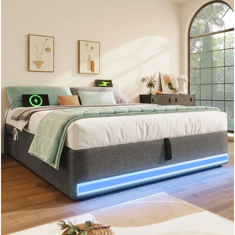 Bett 140x200 cm modern in Grau, Leinenoptik, mit LED, USB und Type-C, hydraulischem Stauraum und Seitentaschen (1/5)