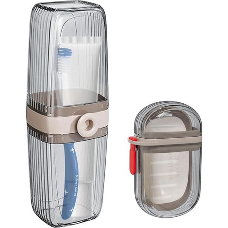 Estuche de viaje multifuncional: recipiente impermeable para cepillo de dientes y jabón, divisible en dos compartimentos, ideal para acampar.