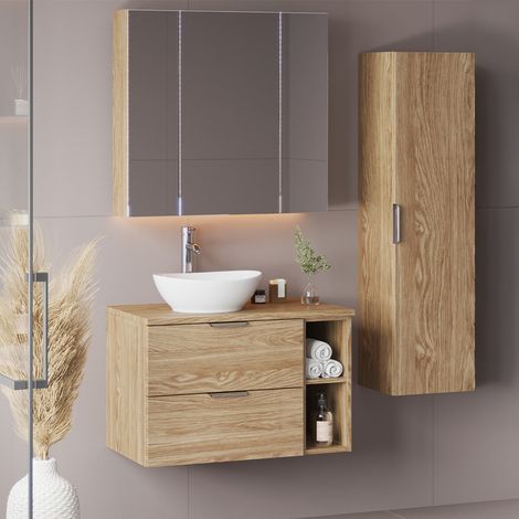 Waschtisch und Hängesäule 80.6cm Astrid mit 2 Schubladen, Holzoptik