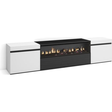 Skraut Home – Meuble TV moderne avec cheminée électrique – Grand espace de rangement 102x45x35cm – Pour TV jusqu'à 80" – Noir et blanc avec veinage bois