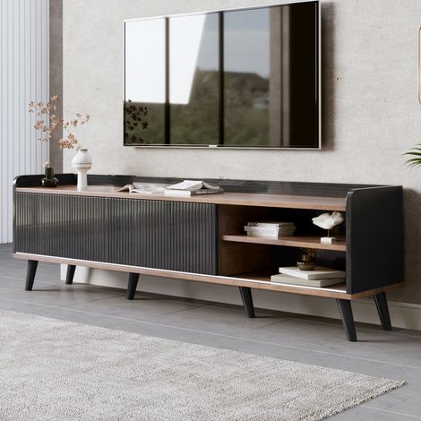 Mobile TV 160x40x58 cm, mobile contenitore con due ante scorrevoli, tavolo porta TV per soggiorno, truciolare, nero e legno (1/5)