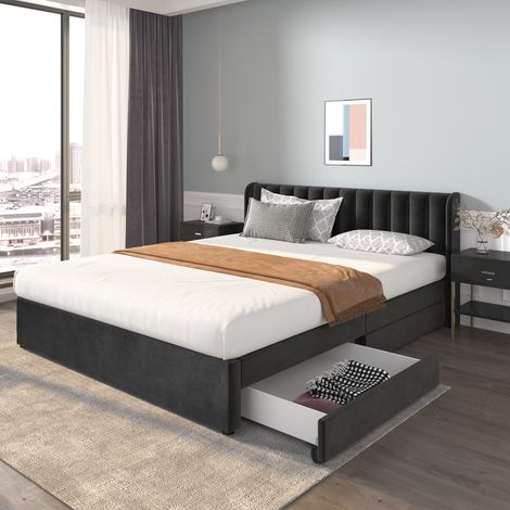 Lit double 180x200 cm - Velours noir - Tête de lit incluse - 2 tiroirs - Sommier à lattes (1/5)