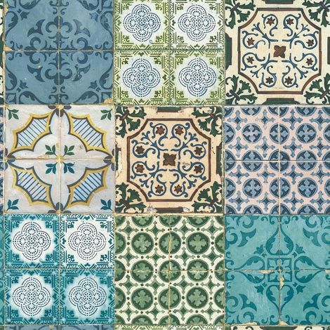 Papiers peints colorés tendances pour cuisine et bureau | Papier peint imitation carreaux de ciment | Tapisserie originale à motif bleu, vert - 10,05 x 0,53 m (1/5)