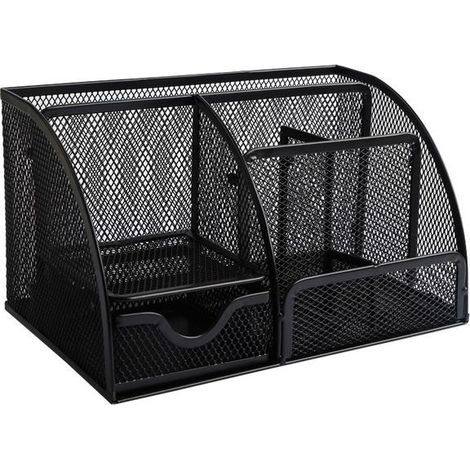 Porte-stylos à sept compartiments - Porte-stylos multifonctionnel - Boîte de rangement de bureau - Porte-stylos à grille - Rangement de bureau - Noir (1/3)