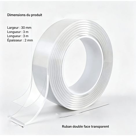 Bande adhésive nano double face 30 mm x 3 m, 2 mm d'épaisseur, fixation forte sans perçage, ruban transparent réutilisable, maison bureau voiture - Transparent (1/5)