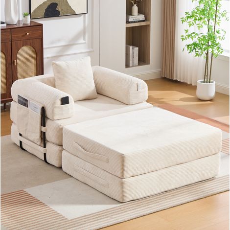 Modulares Cordsofa in Beige mit Pouf, Kissen und Seitentasche (1/5)