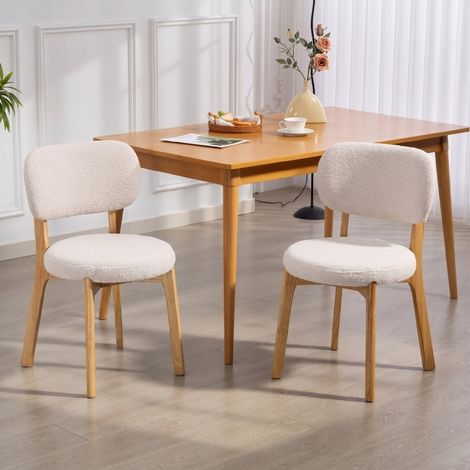 Lot de 2 Chaises de Salle à Manger en Bouclé, avec Assise Ronde Large et Dossier Incurvé, Bois, Crème (1/5)