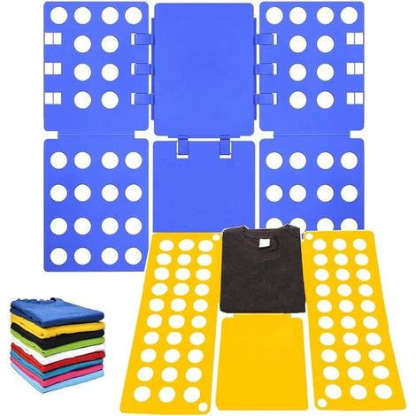 2 planches à plier pour le linge, pantalons, chemises, vêtements, enfants et adultes, aide au pliage pour le linge, vêtements, T-shirts, pliage (bleu + jaune) (1/4)