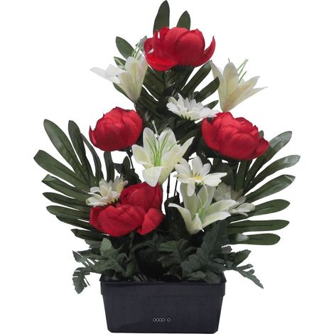 Jardinière fleurs artificielles Pivoine, Lys, Gerbera et ficus Rouge pour la Toussaint - couleur: Rouge