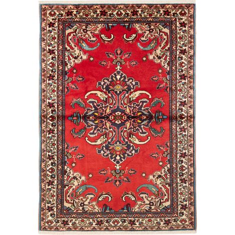 Tapis d'orient 106 x 152 cm, motif oriental, rouge, beige et bleu, laine nouée main, artisanat fabriqué en Iran (1/5)