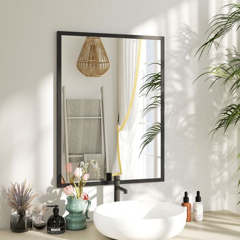 Noir - Miroir mural rectangulaire avec crochets, miroir mural en verre et MDF, 60x80 cm