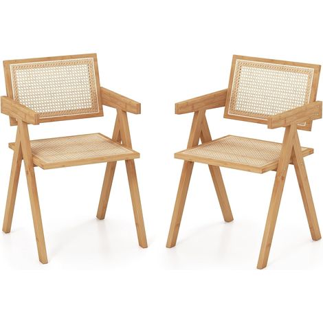 COSTWAY Juego de 2 Sillas de Comedor, Silla de Salón Moderna con Marco de Bambú, Respaldo y Apoyabrazos de Imitación Caña, Sillones de Ratán para Cocina, Comedor, Natural (1/5)