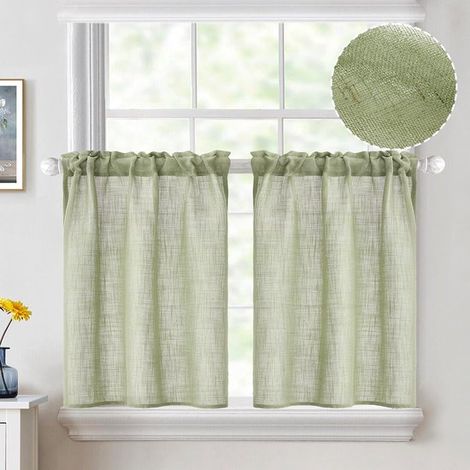 Tende da cucina primaverili con texture effetto lino，lunghezza 63,5 cm，tende corte con orlo a tunnel，2 pannelli，L63,5 x L63,5 cm，verde salvia (1/5)