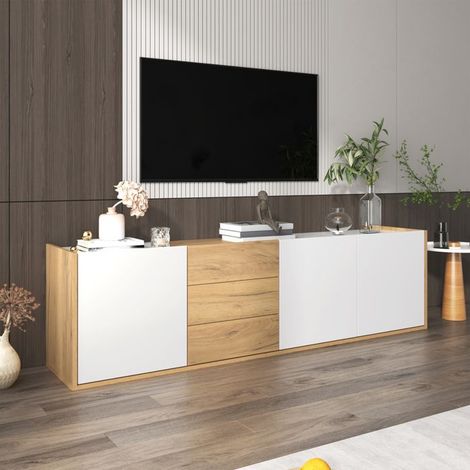 Mueble de TV, color blanco y madera, 3 puertas y 3 cajones, estantes ajustables, mueble de salón, 171 x 35 x 47 cm