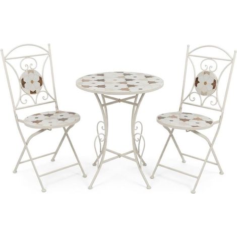 Ensemble de Table et 2 chaises de Jardin en métal et Pierre, Blanc, Marron et Noir, 72 x 60 x 60 cm (1/5)