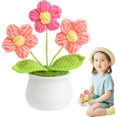 Bouquet de fleurs au crochet, fleurs artificielles en laine tricotée main réalistes, décorations florales créatives, ornements multifonctionnels pour bureau, chambre et salon (1/5)