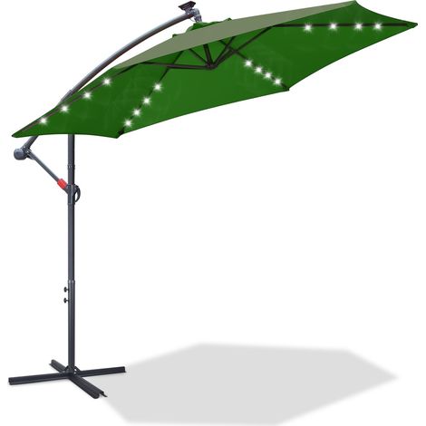 Parasol avec LED 350 cm vert - avec manivelle & support - protection UV hydrofuge pliable - parasol de plage parasol de marché (1/4)