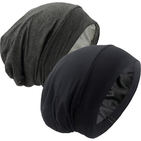 Bonnet de nuit doublé de satin - Protection pour cheveux frisés, naturels et bouclés - Noir et gris foncé (1/5)
