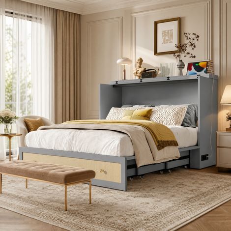 DESMIU Lit combiné 2 places avec tiroir, USB et prise, 140 × 200 cm, sans matelas, en MDF, gris (1/5)