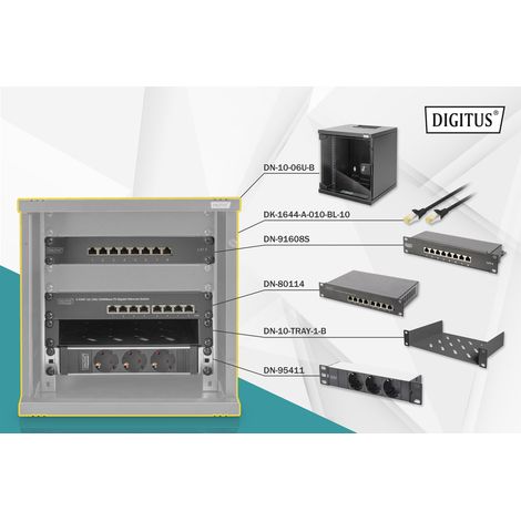 DIGITUS Set de 10 Zoll - Schrank de Netzwerk 6U Soho Serie Schwarz - Fachboden - Steckdosenleiste de Steckdosen - Panel de Anschlüsse de 8 Port - Gigabit Switch de 8 Port de (1/5)