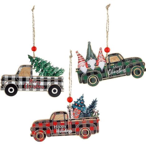 Lot de 3 décorations de Noël en bois à carreaux représentant une voiture ou un sapin de Noël. (1/5)