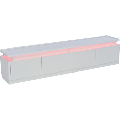Meuble TV blanc laqué avec 4 tiroirs et éclairage LED, 180 x 34 x 40 cm, adapté pour téléviseur jusqu’à 75 pouces (1/5)