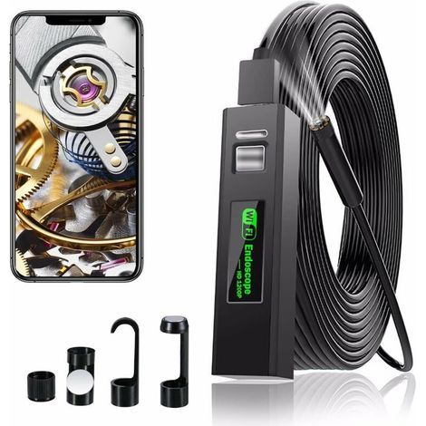 Caméra d'inspection endoscope WiFi 1200P – Étanchéité IP68 – 8 lumières LED – Câble semi-rigide 2M pour espaces confinés