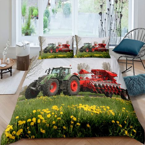 Parure de lit pour enfant,135x200 cm,2 pièces,100 % microfibre,Pour l'été,Douce et chaude,Avec fermeture éclair,Tracteur 3D,Housse de couette avec taies d'oreiller,80x80 cm (1/5)