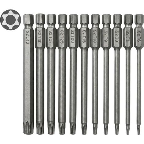 Jeu de 11 Embouts Tournevis Longs pour Torx, Embouts Magnetique Embouts de Vissage Tige hexagonale de 1/4" Acier S2 Longueur 100 mm Tailles T6 à T40 pour Tournevis et Visseuse Électrique (1/5)