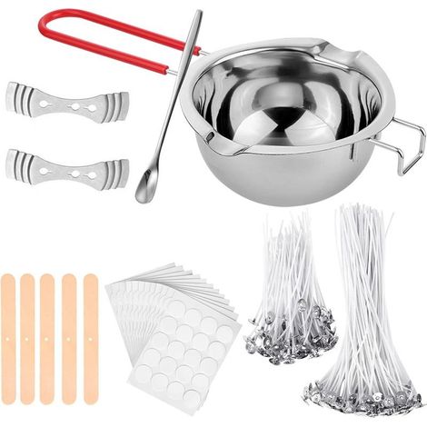 Kit de fabrication de bougies DIY – 200 mèches 10/20 cm – 1 pot acier inoxydable – 240 autocollants double face – Supports métal et bois (1/5)