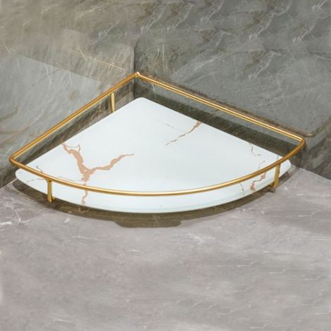 Étagère triangulaire blanche à motifs dorés pour salle de bain, avec plateau et étagère de rangement pour produits cosmétiques. (1/5)