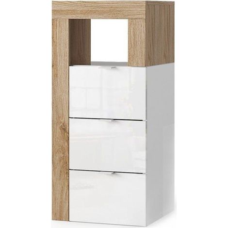 Kommode BURA – 3 Schubladen – L35 cm – Hochglanz Weiß und helles Eichenholz – Modernes Design
