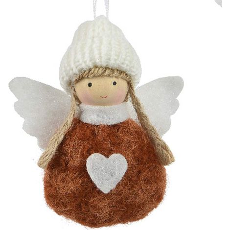 Kaemingk – Suspension de Noël ange brun et blanc – Polyester, laine, feutre et jute, H 3,5 cm