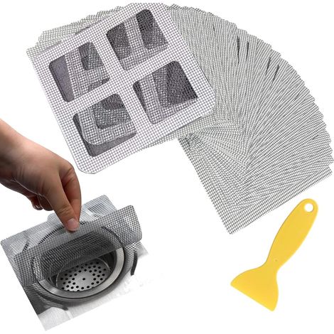 Lot de 40 filtres à cheveux jetables autocollants - 10 cm x 10 cm - Flexible - En fibre de verre - Pour caniveau de douche, cuisine, salle de bain (1/5)