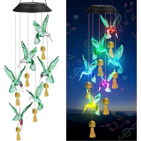 Carillon solaire à vent avec clochette en métal, guirlande lumineuse LED colibri à 6 couleurs changeantes, lampe solaire suspendue pour jardin, allée et terrasse, multicolore (1/5)