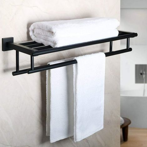 Porte-serviettes mural pour salle de bain, étagère avec deux barres, support en acier inoxydable SUS 304, finition noir mat, fixation murale (1/5)