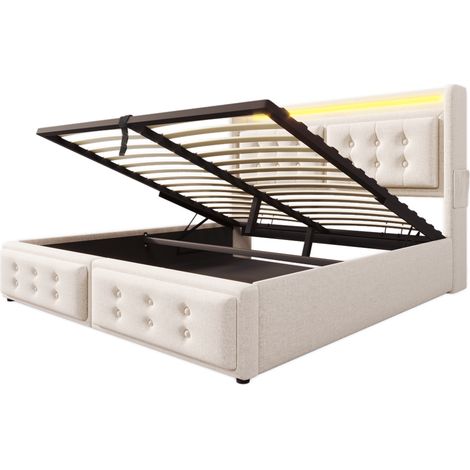 Letto contenitore 140x200 beige con testiera LED e porte USB-C, struttura in metallo (1/5)