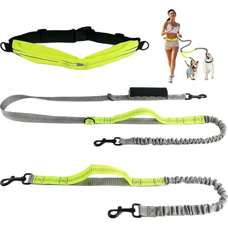 Laisse Chien Main Libre avec Ceinture Réglable, Laisse Chien Course A Pied Réfléchissant Laisse Double pour 2 Chiens, Laisse Canicross pour Course À Pied, Jogging Et Marche, Vert Fluorescent (1/5)