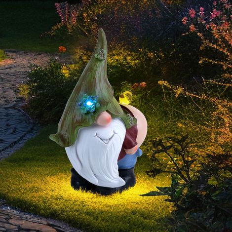 Gartenzwerg Wichtel mit Vogel Solarleuchte Solarlampe Gartendeko Außenlampe Balkon Akku, IP44 Wetterfest, Kunststoff bunt, 1x LED kaltweiß, LxBxH 25,5x14,5x33,5 cm