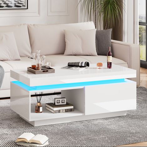 Tavolino da caffè fisso 100 cm, rettangolare, con illuminazione LED, cassetti di stoccaggio, piano lucido, mensole, moderno, tavolo da salotto in legno - Bianco (1/5)