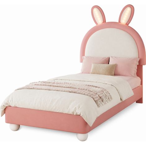 CHICFURN Cama individual infantil 90x200 cm de PU rosa y blanco con LED, cabecero conejo (1/5)