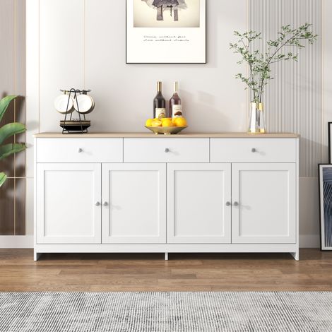 Credenza bianca e legno da soggiorno con 4 ante e 3 cassetti, mobile contenitore, 160x37x75 cm (1/5)