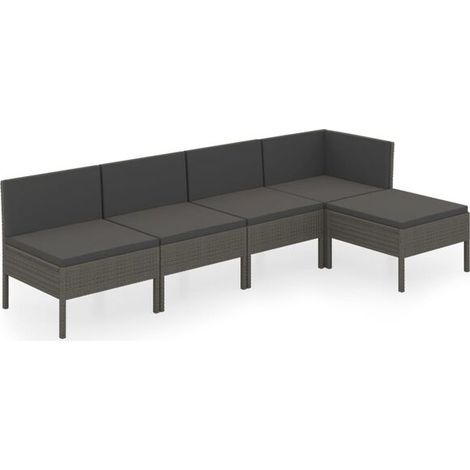 Ensemble de mobilier de jardin cinq pièces avec coussins, en résine tissée grise. (1/5)