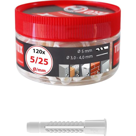 Bote de tacos universales TOX 120 unidades 5 x 25 mm para fijaciones seguras.
