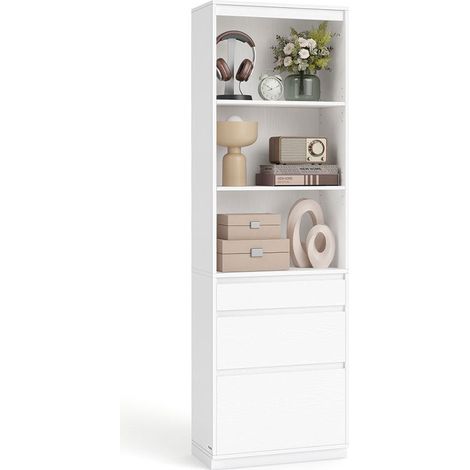 Libreria/credenza alta con 3 cassetti di diverse dimensioni e ripiani regolabili 30 x 57,1 x 180 cm per soggiorno camera da letto o ufficio design moderno salvaspazio bianco 120004216