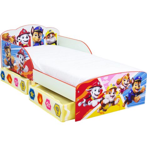 Lit enfant Pat'Patrouille 140x70 cm – 2 tiroirs de rangement – Design badges avec personnages – Sommier à lattes en bois – Character World (1/5)